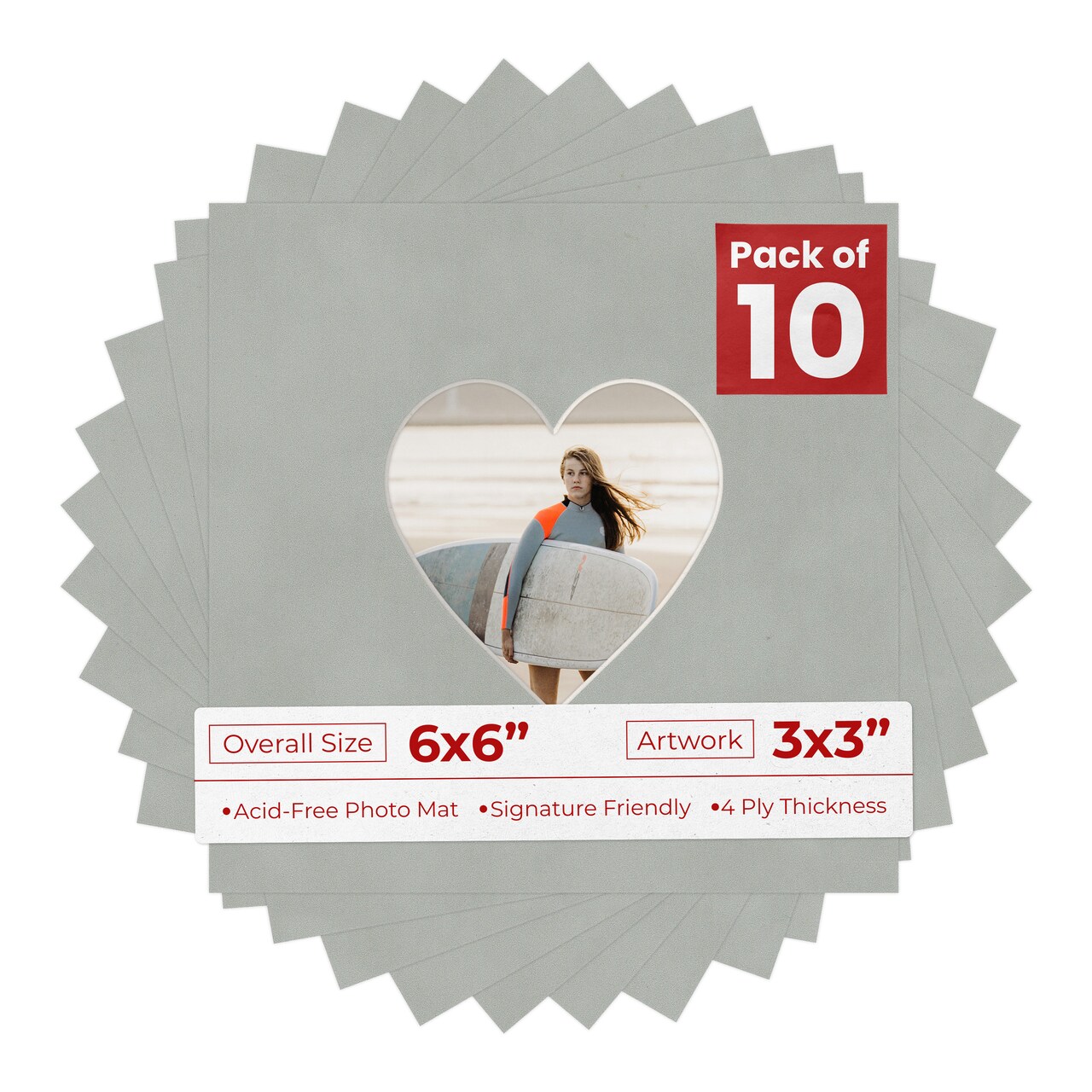 Light Grey Suede Mat Board for 6x6 Frames - Heart Opening for 3x3 Photos